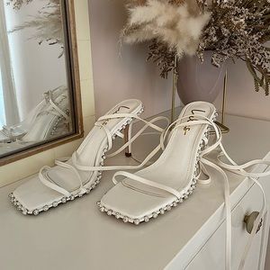 Marqo White Rhinestone Lace-Up High Heel Sandals. Size 8.5